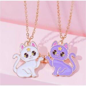 BFF Cat Necklace Set Magnetic Matching Best Friend Jewelry White Purple Kawaii